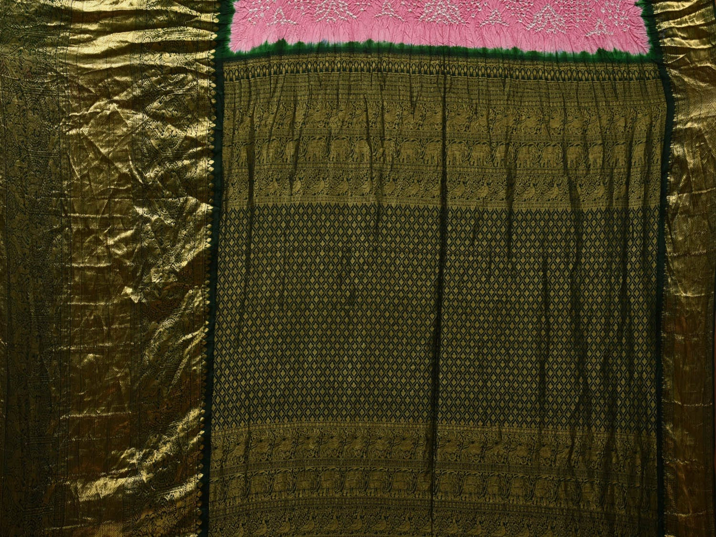 Baby Pink and Green Bandhani Kanchipuram Silk Handloom Saree with Border and Pallu Design bn0353