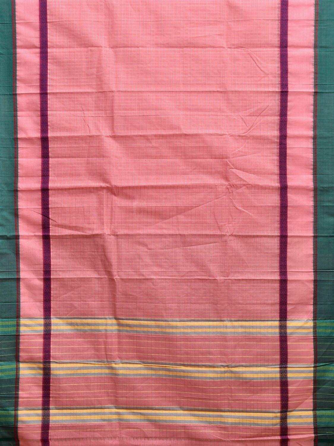 Baby Pink and Green Narayanpet Cotton Handloom Saree with Checks Design No Blouse np1112