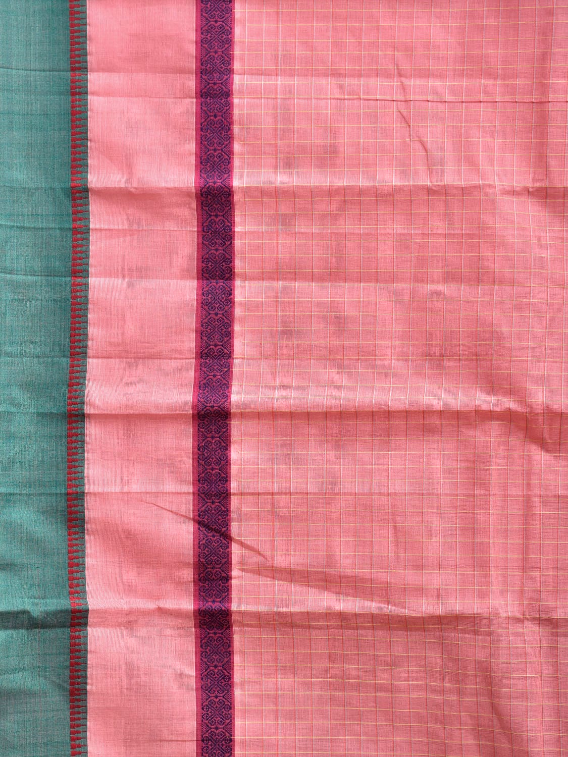 Baby Pink and Green Narayanpet Cotton Handloom Saree with Checks Design No Blouse np1112