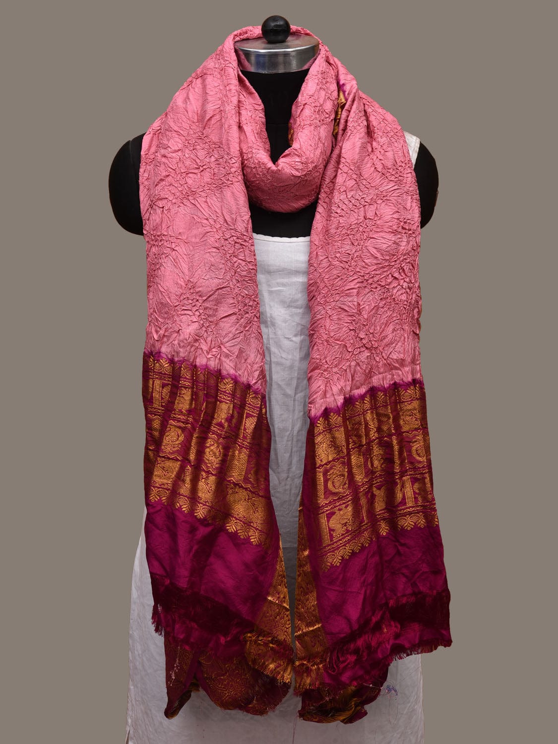 Baby Pink and Magenta Bandhani Kanchipuram Silk Handloom Dupatta with Zari Border Design ds3119