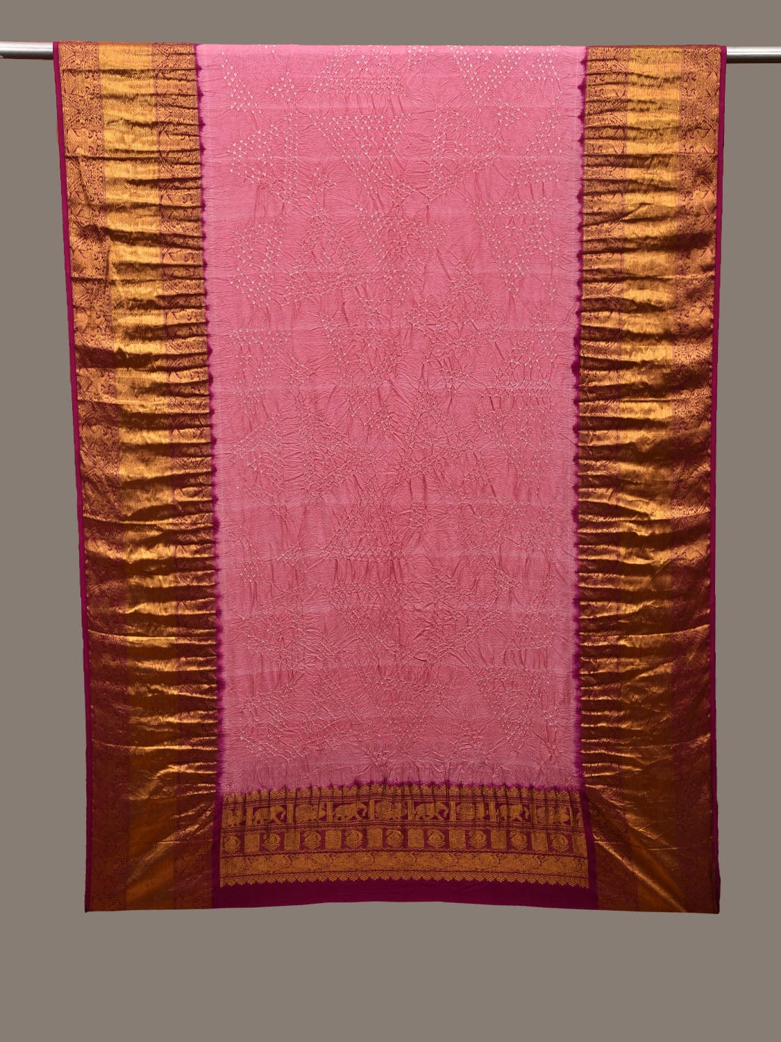 Baby Pink and Magenta Bandhani Kanchipuram Silk Handloom Dupatta with Zari Border Design ds3119