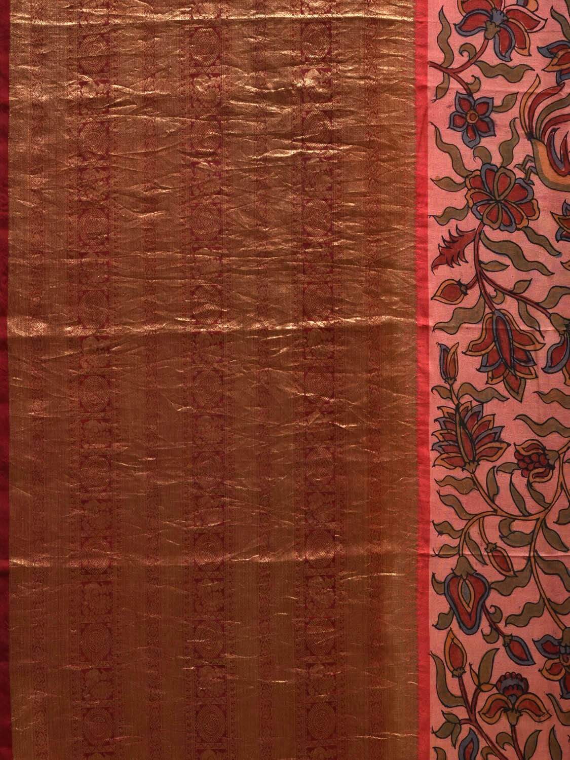 Baby Pink and Maroon Kalamkari Hand Painted Kanchipuram Silk Handloom Saree with Big Border Design KL0546