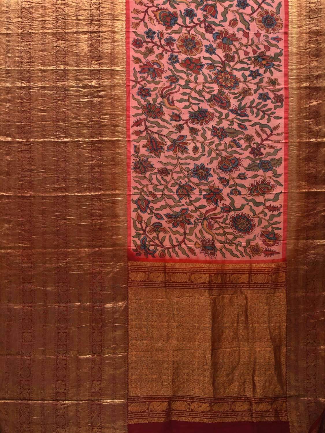 Baby Pink and Maroon Kalamkari Hand Painted Kanchipuram Silk Handloom Saree with Big Border Design KL0546