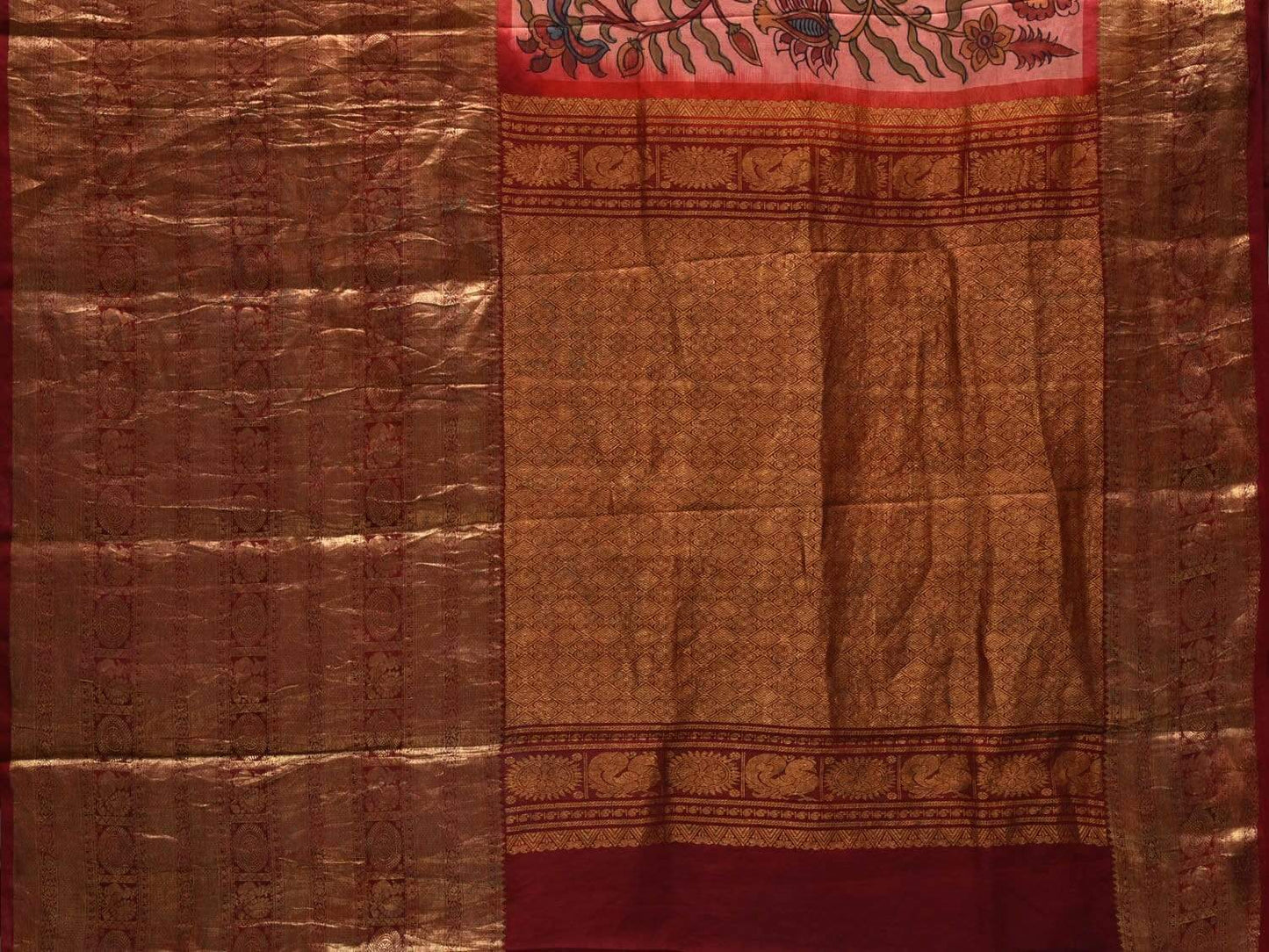 Baby Pink and Maroon Kalamkari Hand Painted Kanchipuram Silk Handloom Saree with Big Border Design KL0546