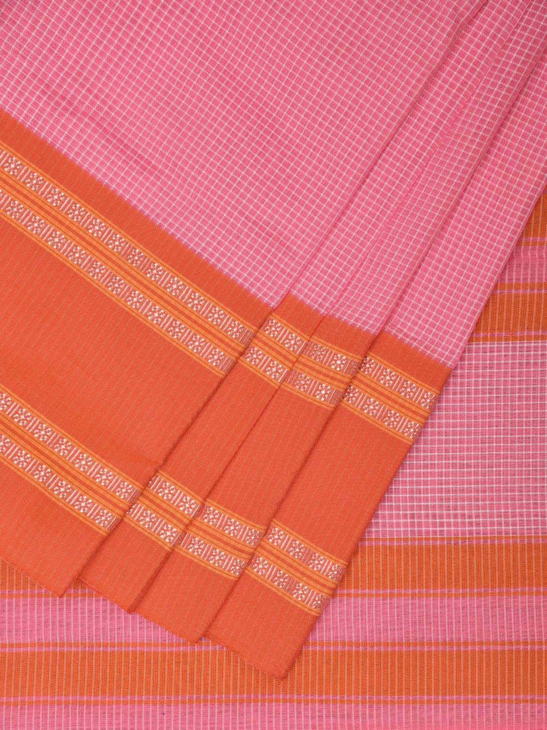 Baby Pink and Orange Bamboo Cotton Saree with Small Checks Design No Blouse bc0388