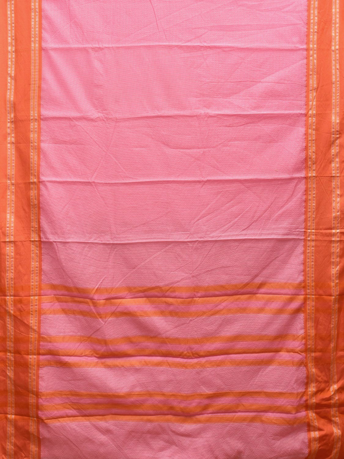 Baby Pink and Orange Bamboo Cotton Saree with Small Checks Design No Blouse bc0388