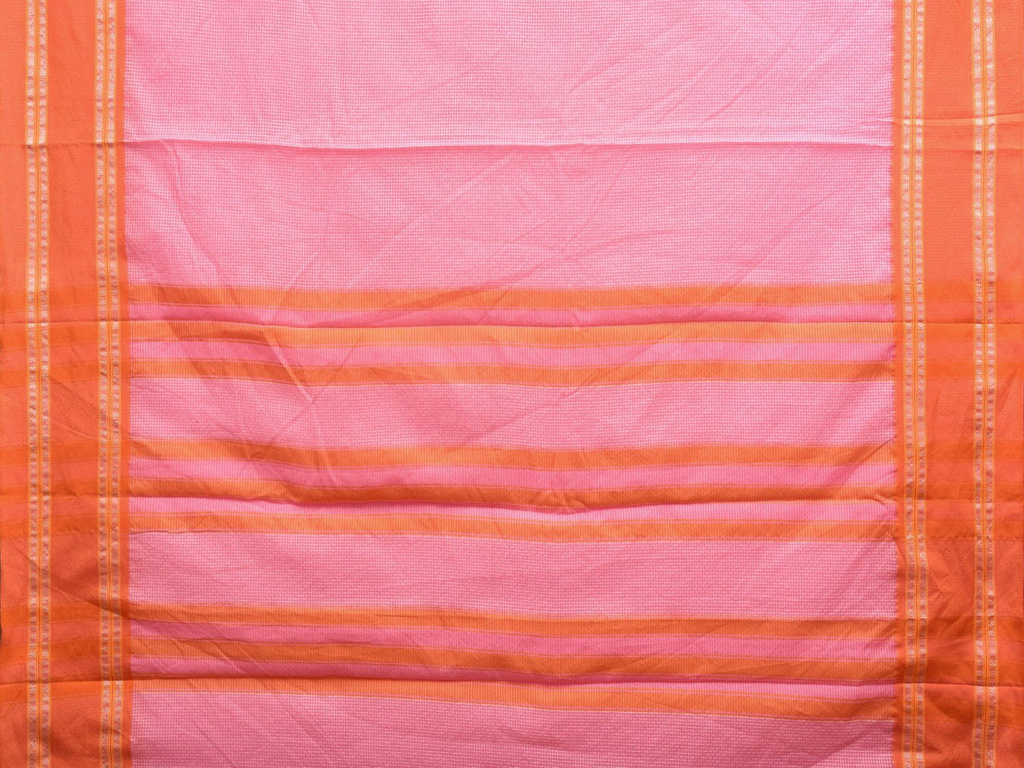 Baby Pink and Orange Bamboo Cotton Saree with Small Checks Design No Blouse bc0388