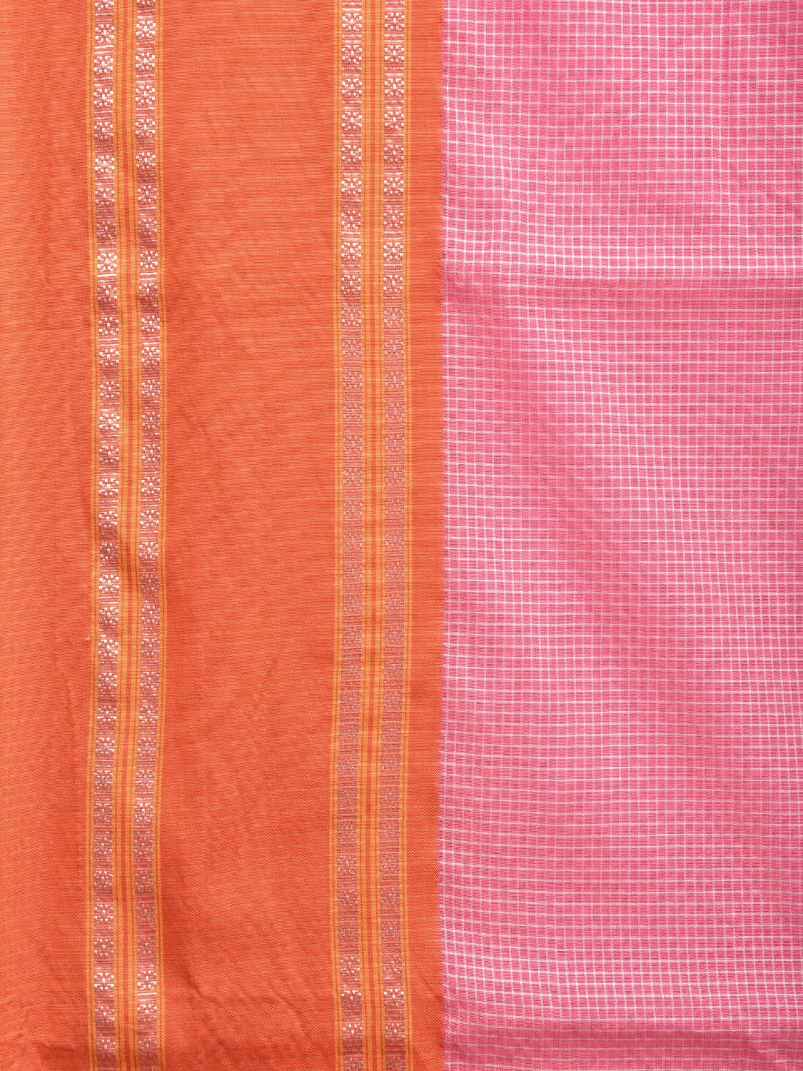 Baby Pink and Orange Bamboo Cotton Saree with Small Checks Design No Blouse bc0388