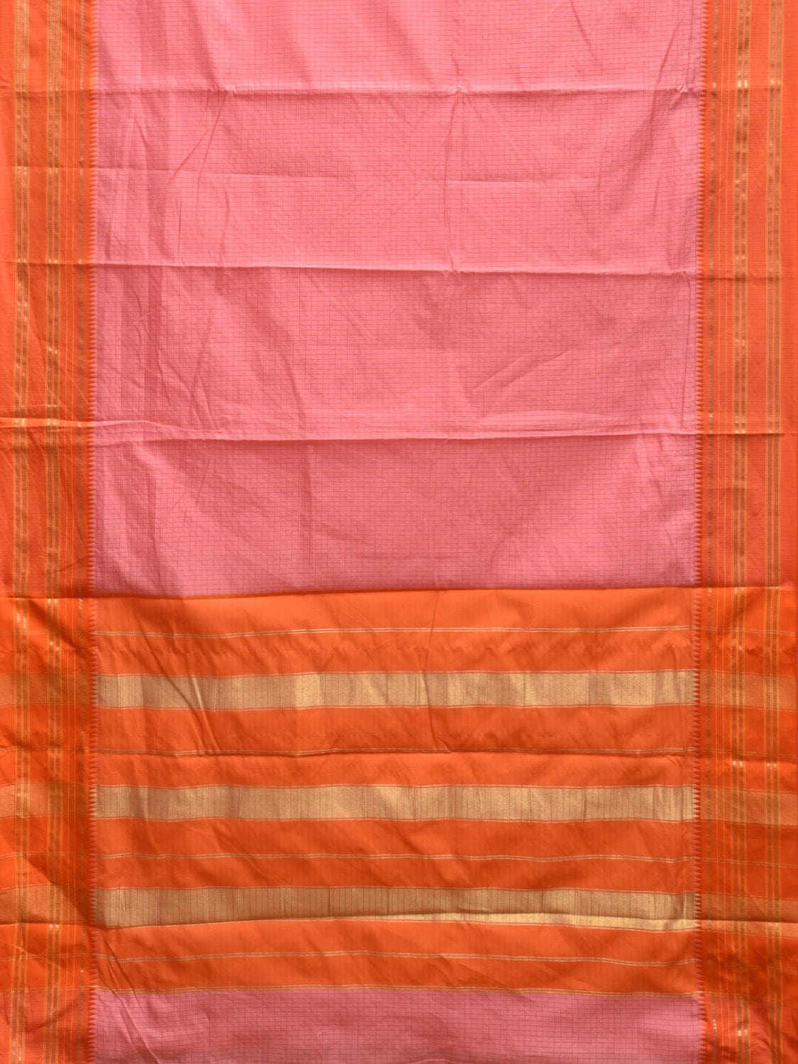 Baby Pink and Orange Bamboo Cotton Viscose Silk Saree with Checks Design No Blouse bc0372