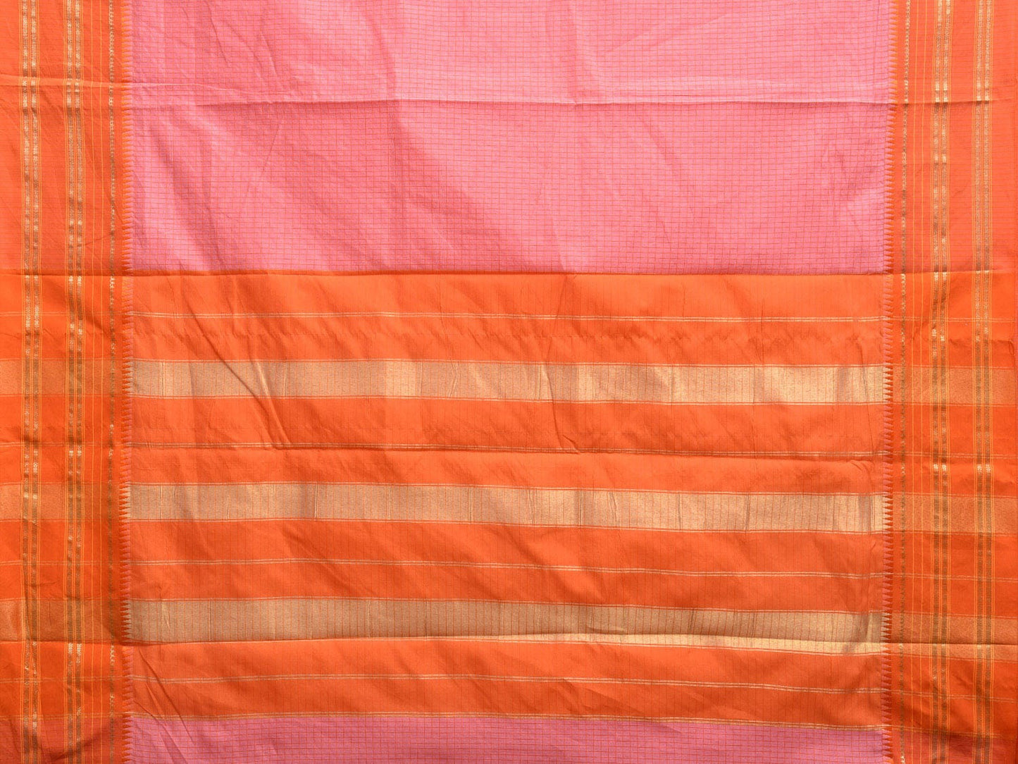 Baby Pink and Orange Bamboo Cotton Viscose Silk Saree with Checks Design No Blouse bc0372