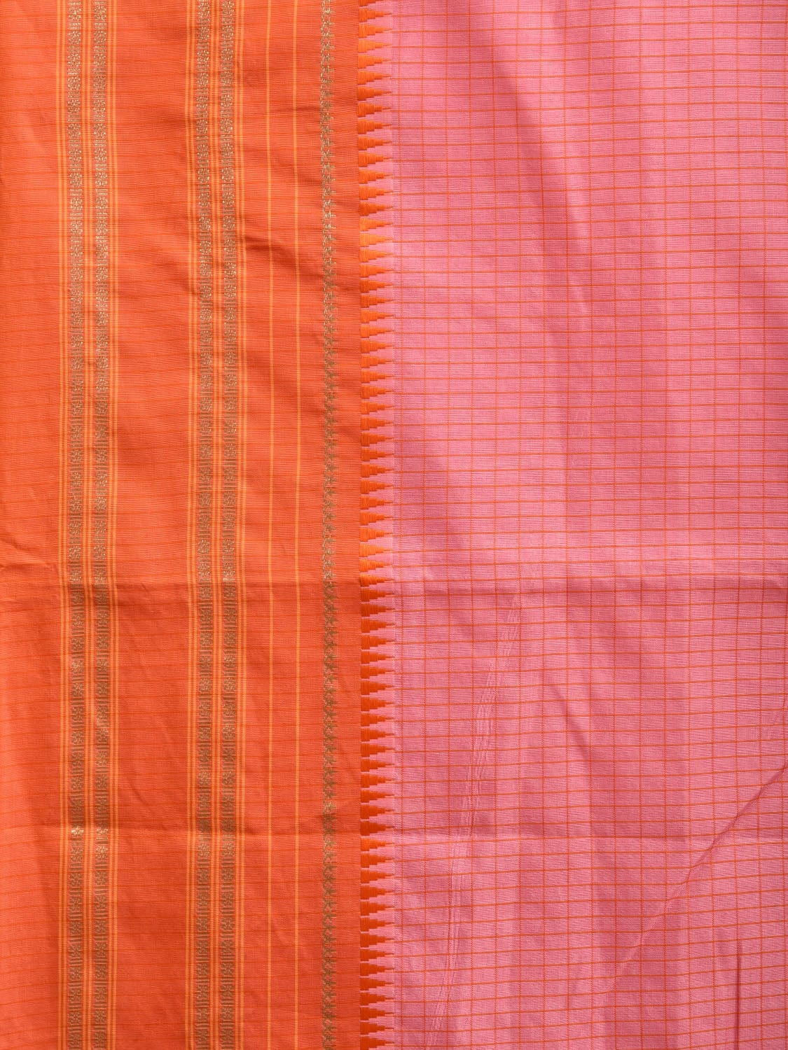 Baby Pink and Orange Bamboo Cotton Viscose Silk Saree with Checks Design No Blouse bc0372