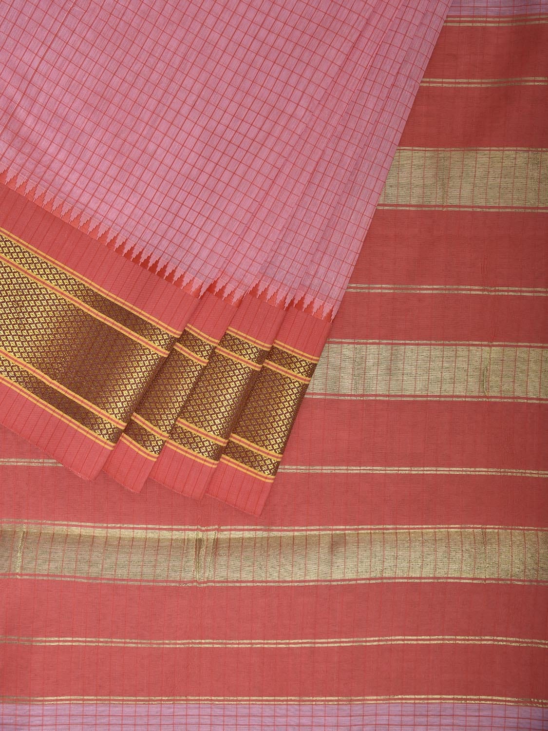 Baby Pink and Peach Bamboo Cotton Saree with Checks Design No Blouse bc0817