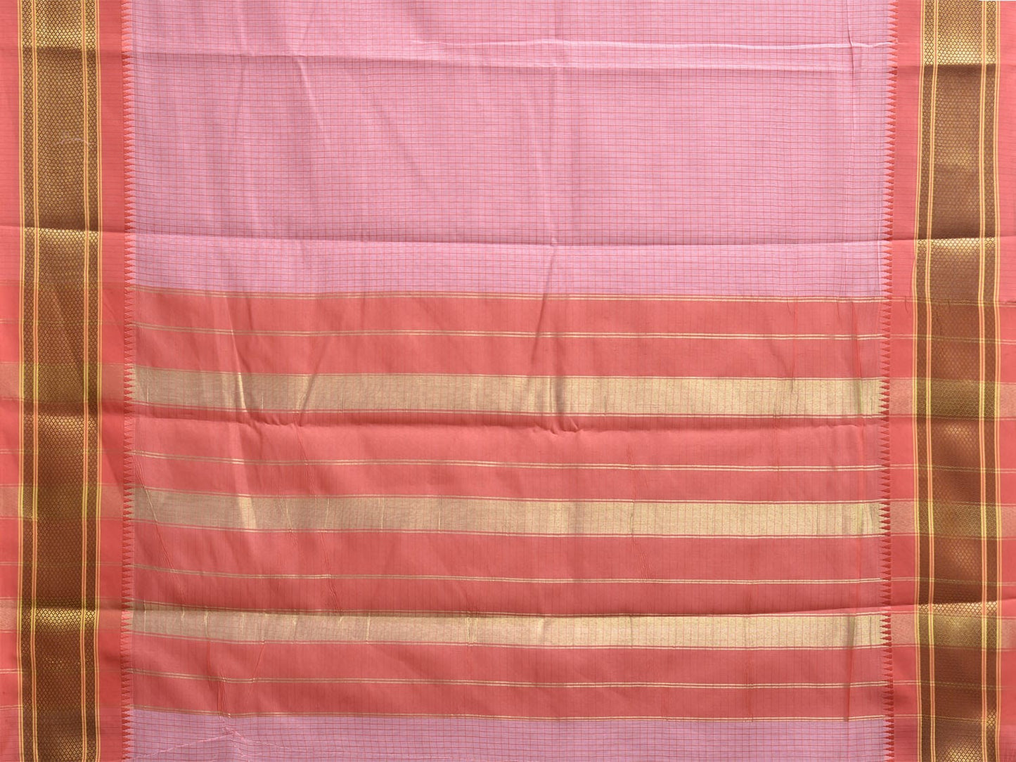 Baby Pink and Peach Bamboo Cotton Saree with Checks Design No Blouse bc0817