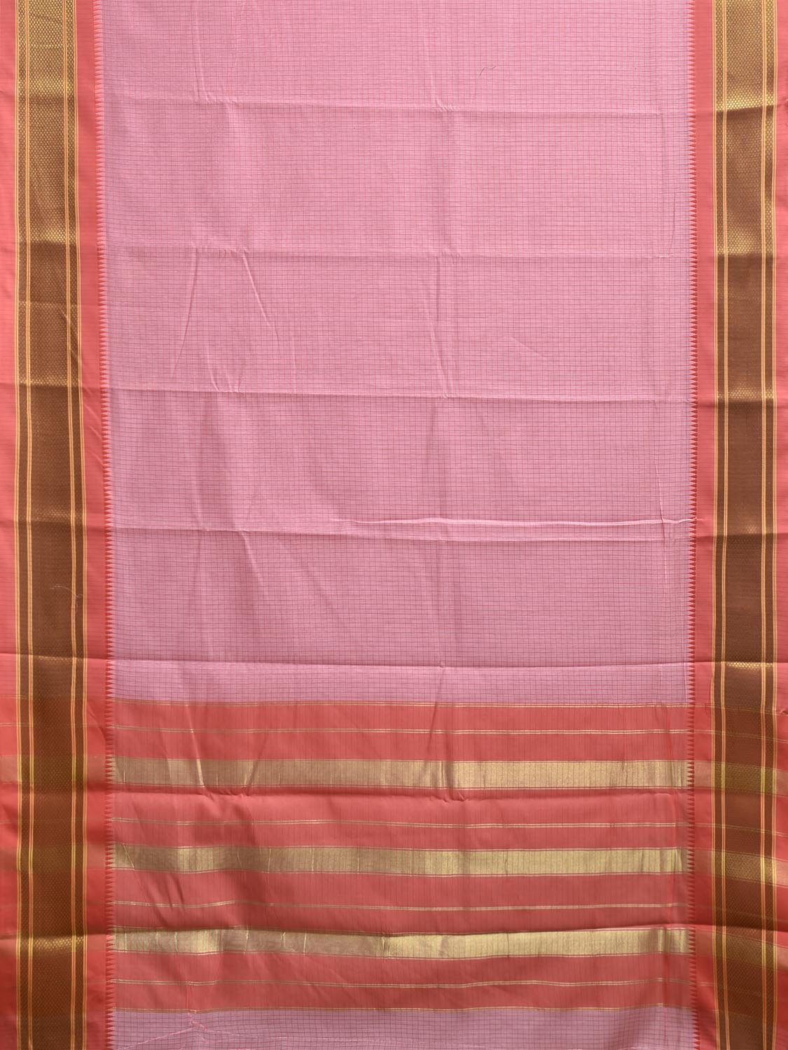 Baby Pink and Peach Bamboo Cotton Saree with Checks Design No Blouse bc0817