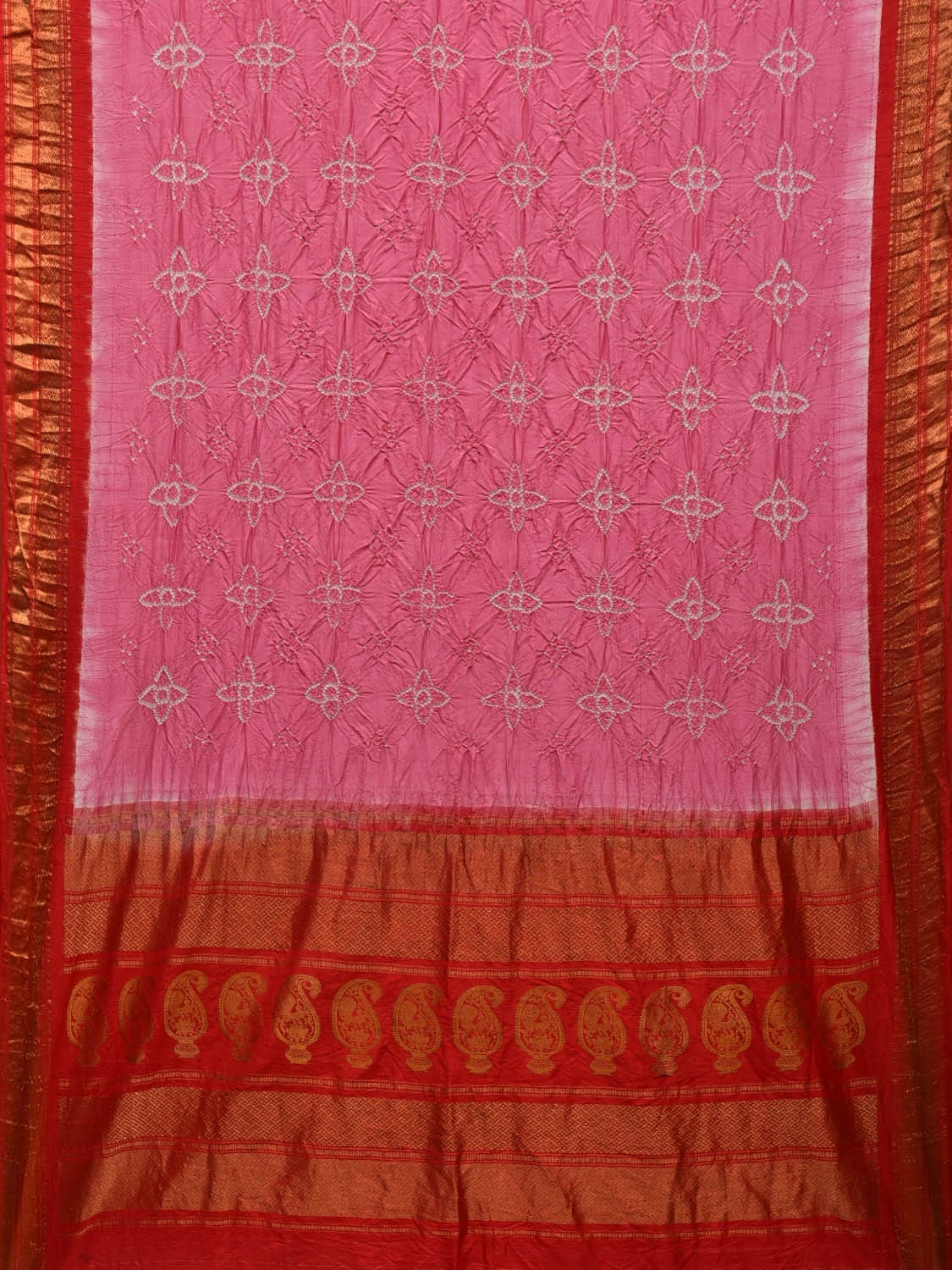 Baby Pink and Red Bandhani Gadwal Silk Handloom Saree with Mango Pallu Design bn0451