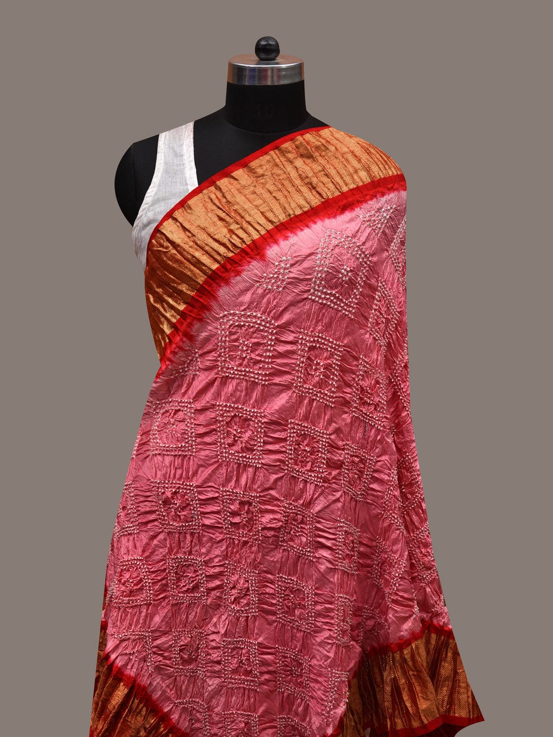 Baby Pink and Red Bandhani Kanchipuram Silk Handloom Dupatta with Border Design ds2731