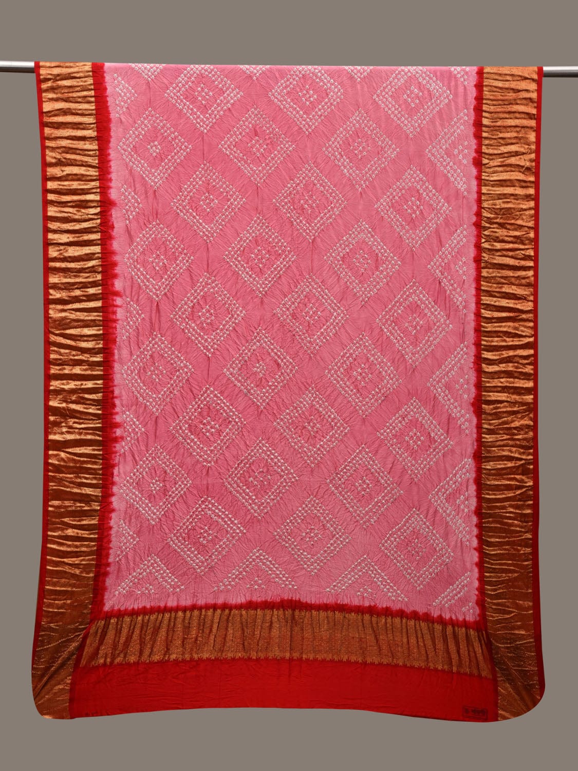 Baby Pink and Red Bandhani Kanchipuram Silk Handloom Dupatta with Border Design ds2731