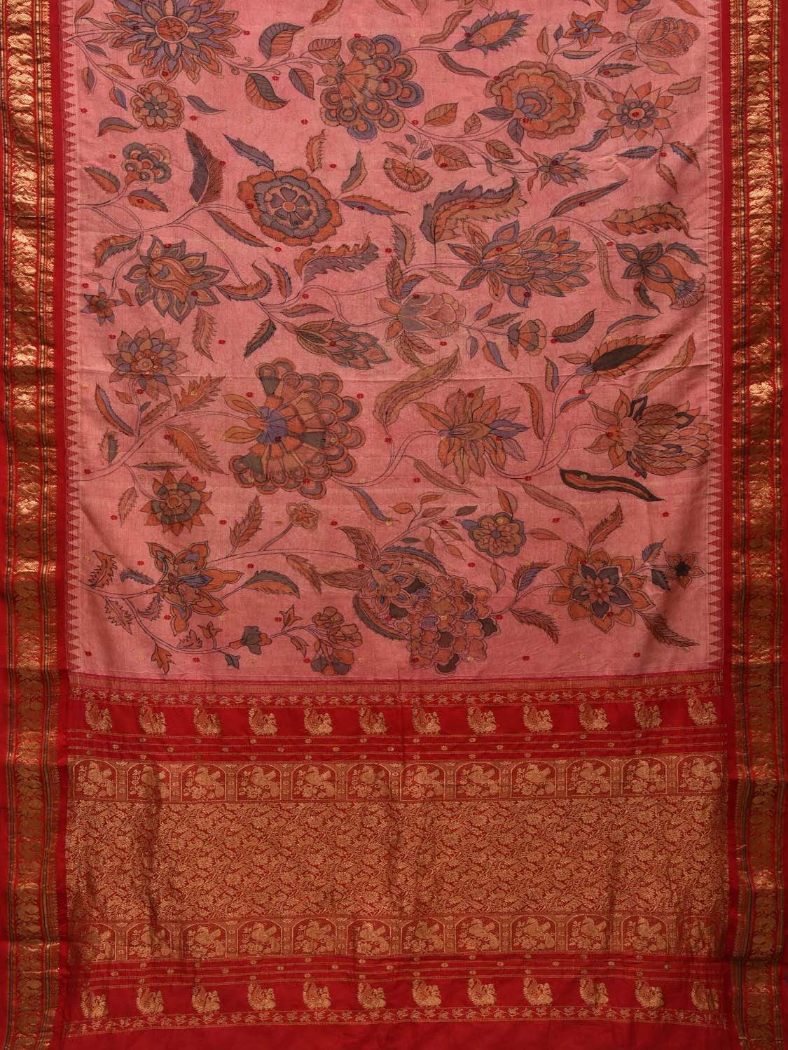 Baby Pink and Red Kalamkari Hand Painted Kanchipuram Silk Handloom Saree with Floral Design KL0548
