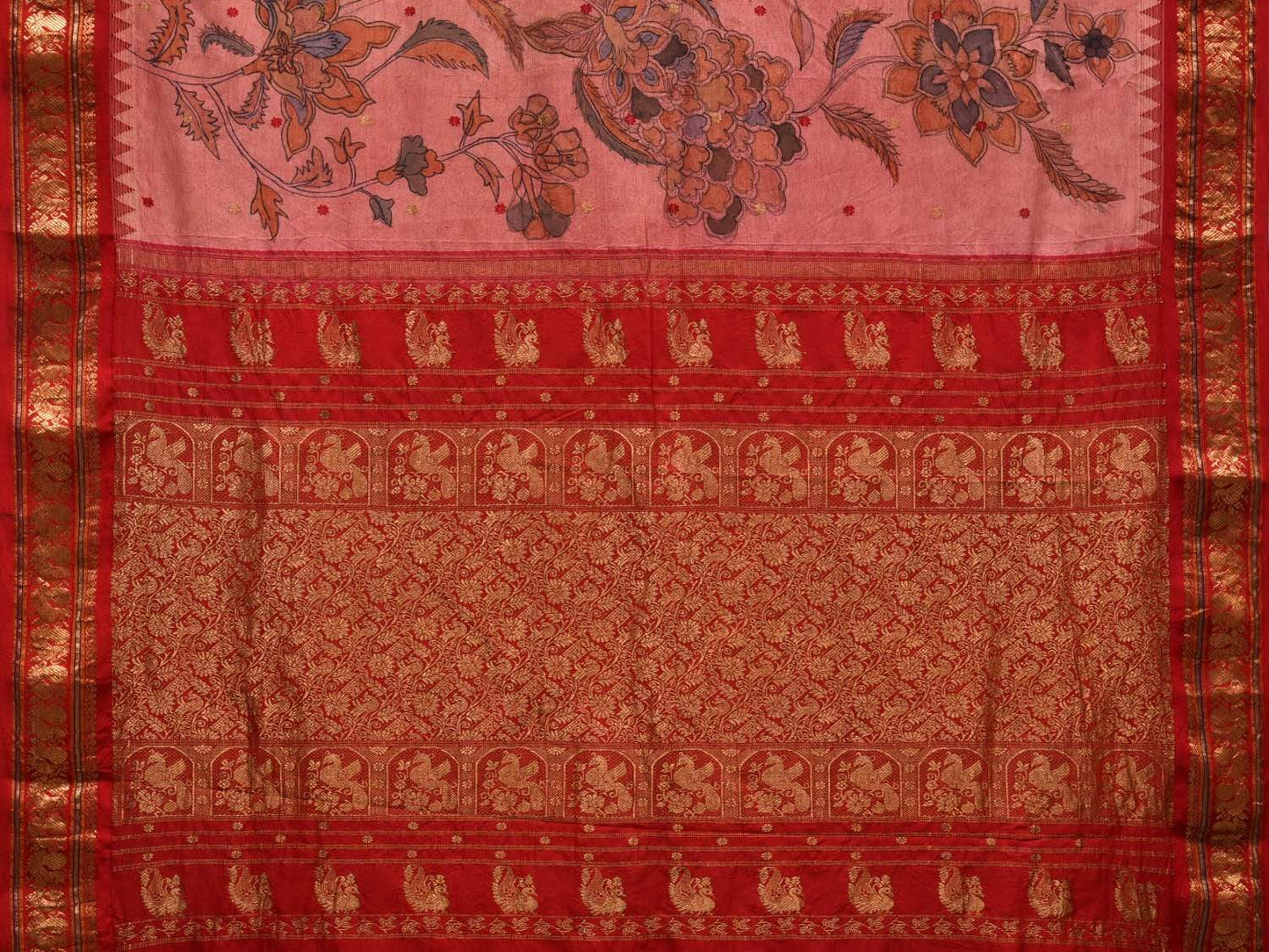 Baby Pink and Red Kalamkari Hand Painted Kanchipuram Silk Handloom Saree with Floral Design KL0548