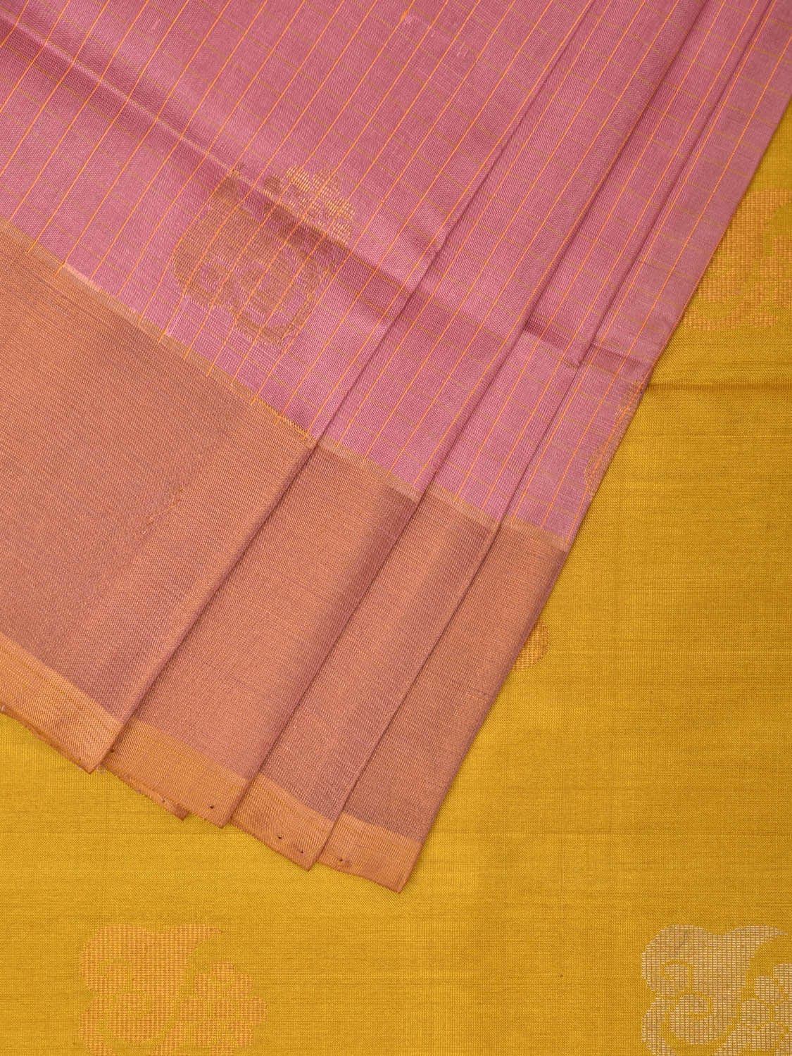 Baby Pink and Yellow Uppada Plain Silk Handloom Saree with Buta and Contrast Pallu Design u2241