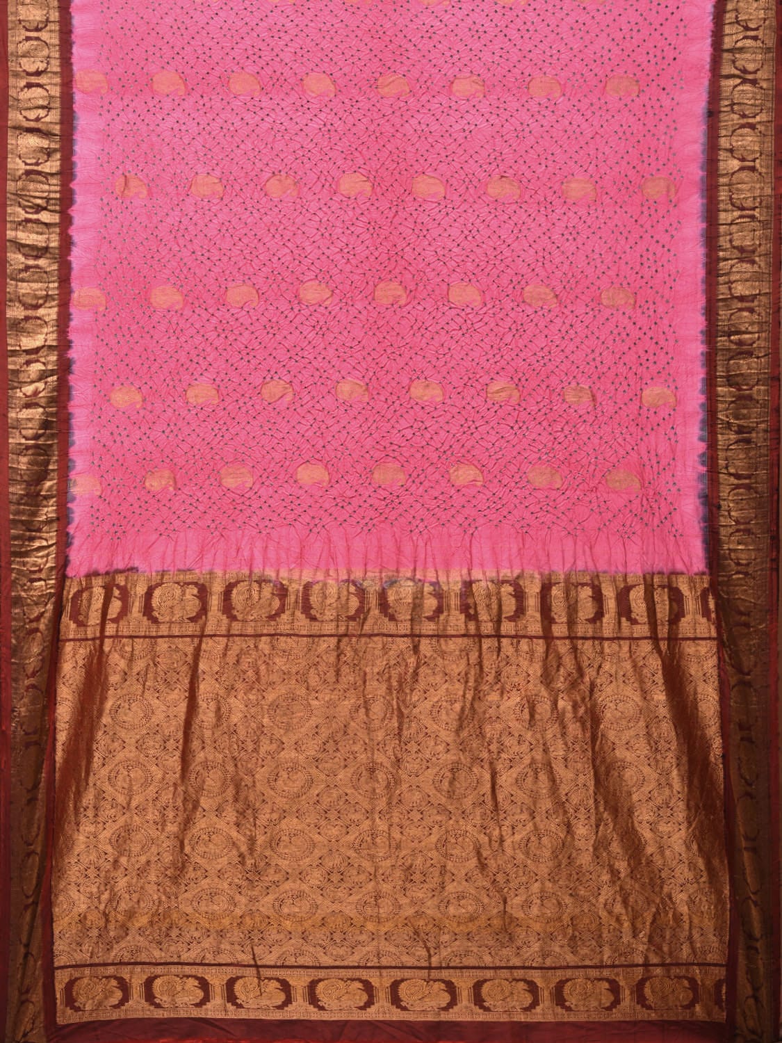 Baby Pink Bandhani Gadwal Silk Handloom Saree with Mango Buta and Border Design bn0413