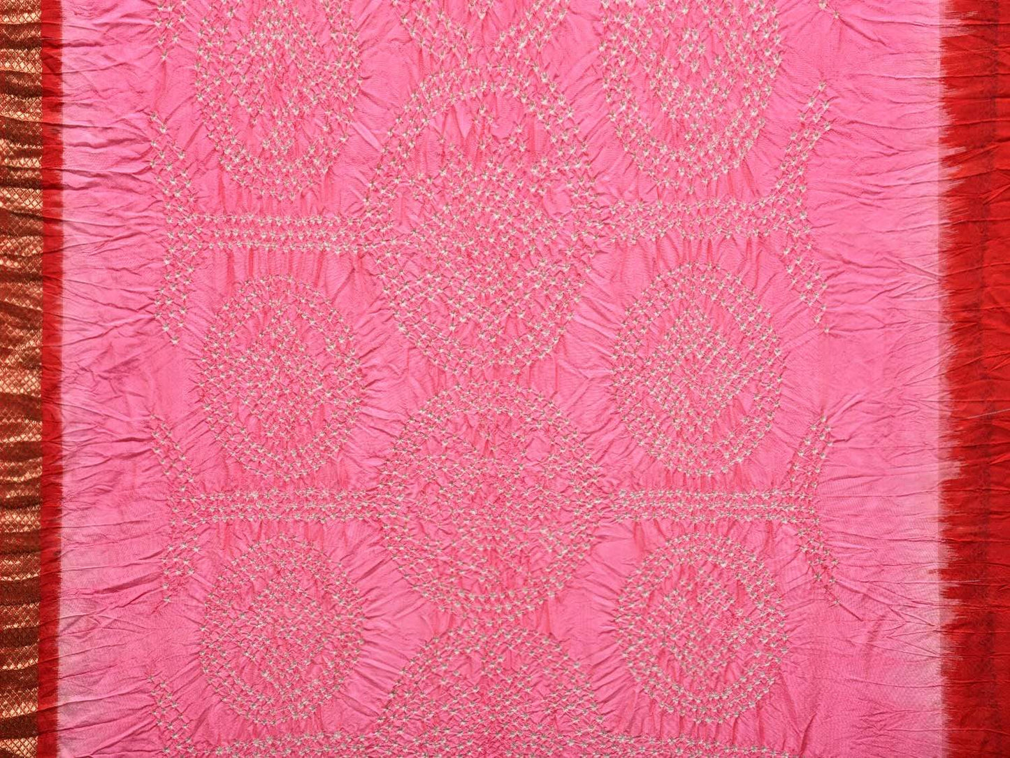 Baby Pink Bandhani Ikat Silk Handloom Saree with One Side Border Design bn0269