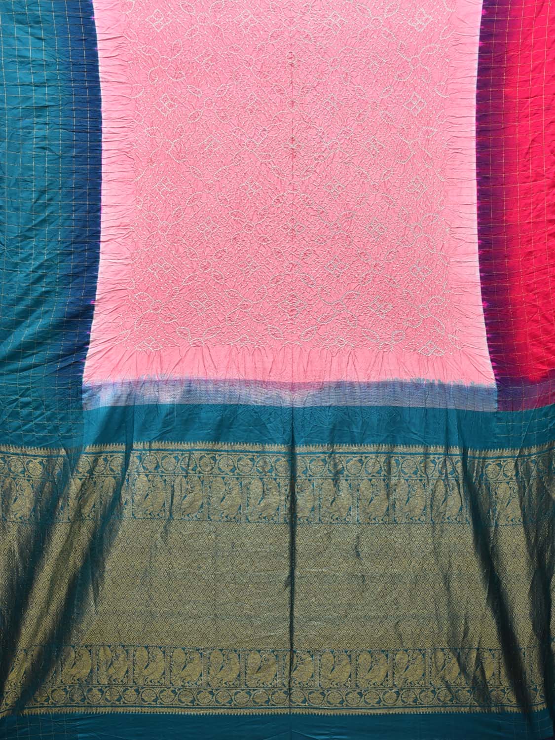 Baby Pink Bandhani Kanchipuram Silk Handloom Saree with Ganga-Jamuna Checks Border Design bn0208