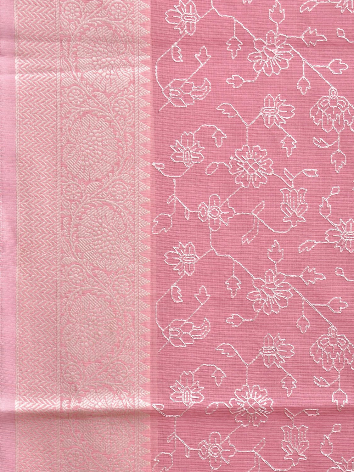 Baby Pink Dhakai Jamdani Cotton Viscose Saree with Floral Embroidary Design dj0084