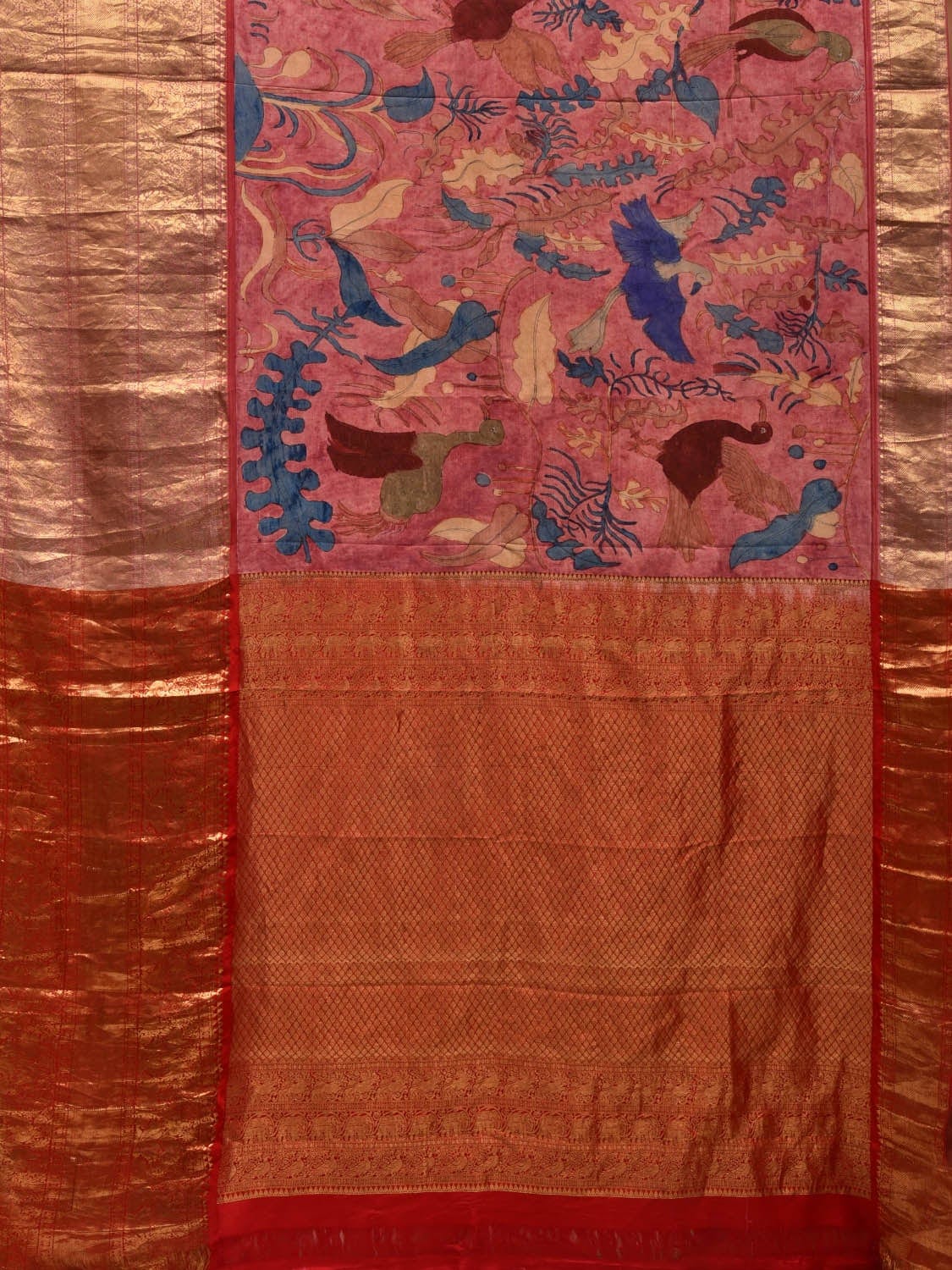 Baby Pink Kalamkari Hand Painted Kanchipuram Silk Handloom Saree with Birds and Plants Design KL0579