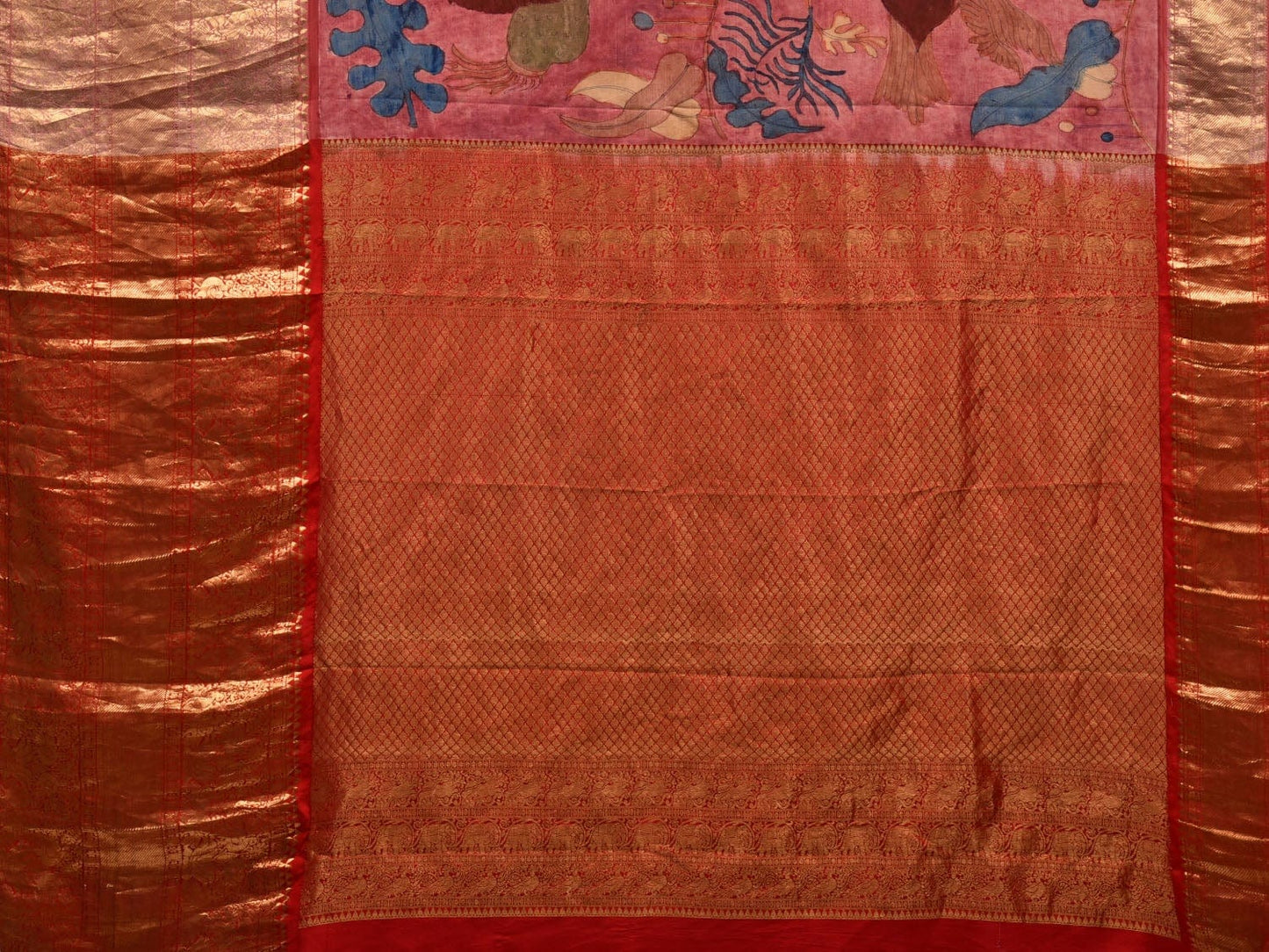Baby Pink Kalamkari Hand Painted Kanchipuram Silk Handloom Saree with Birds and Plants Design KL0579