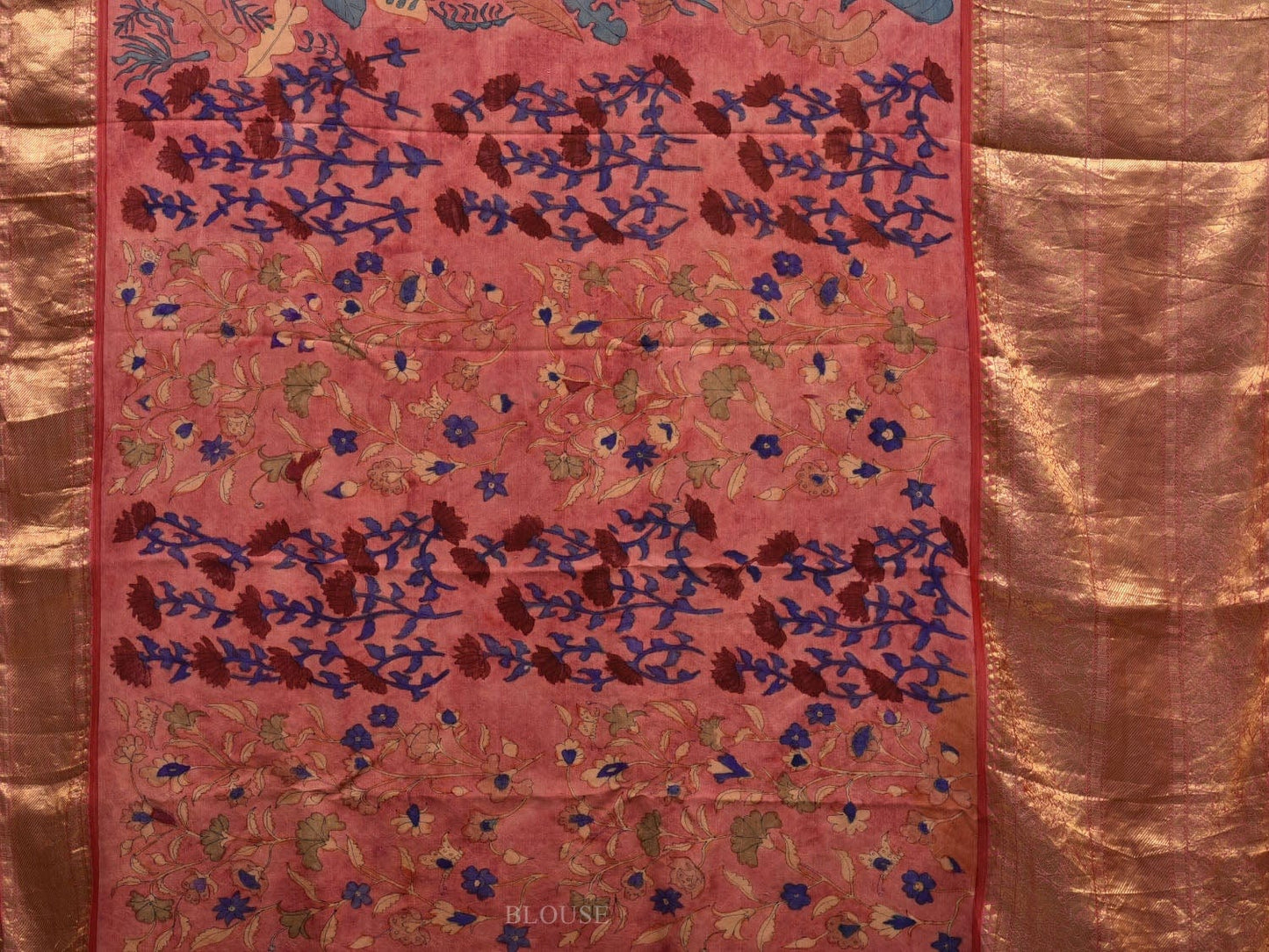 Baby Pink Kalamkari Hand Painted Kanchipuram Silk Handloom Saree with Birds and Plants Design KL0579