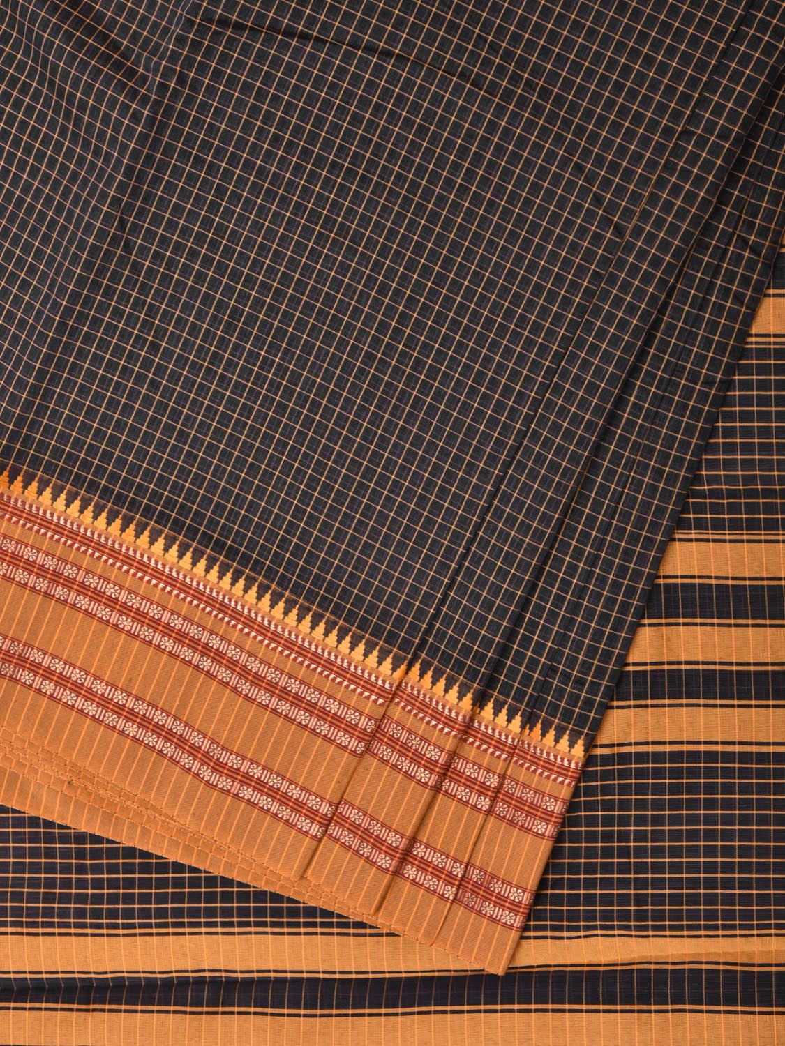 Black and Mustard Bamboo Cotton Saree with Checks Design No Blouse bc0249