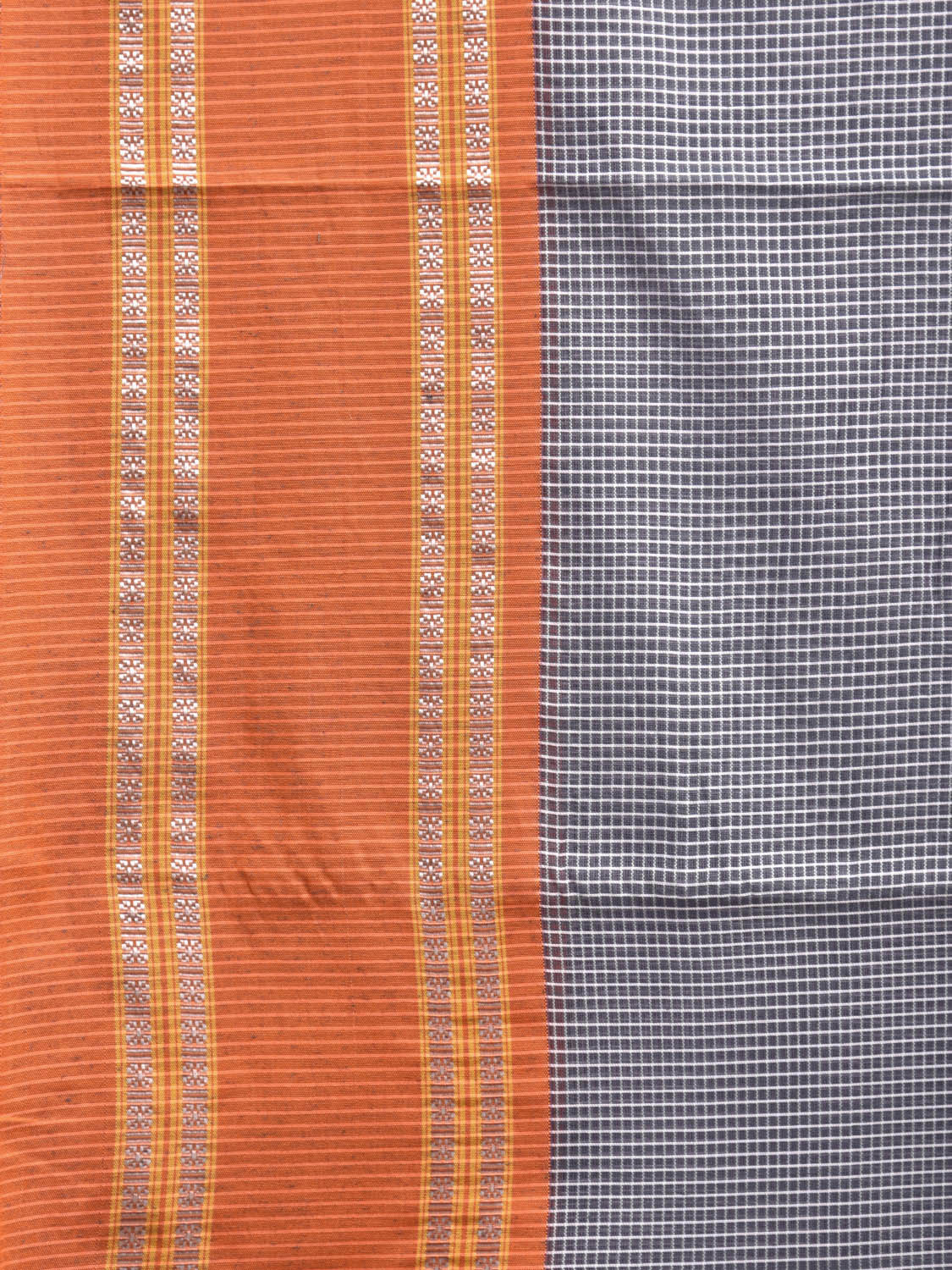 Grey and Orange Bamboo Cotton Saree with Small Checks Design No Blouse bc0396