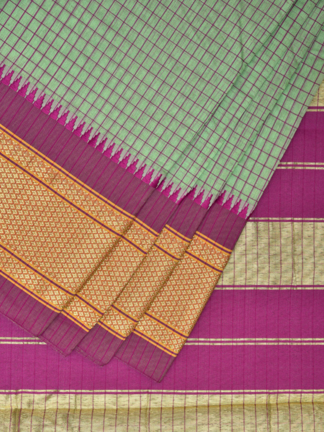Turquoise and Pink Bamboo Cotton Saree with Checks Design No Blouse bc0397