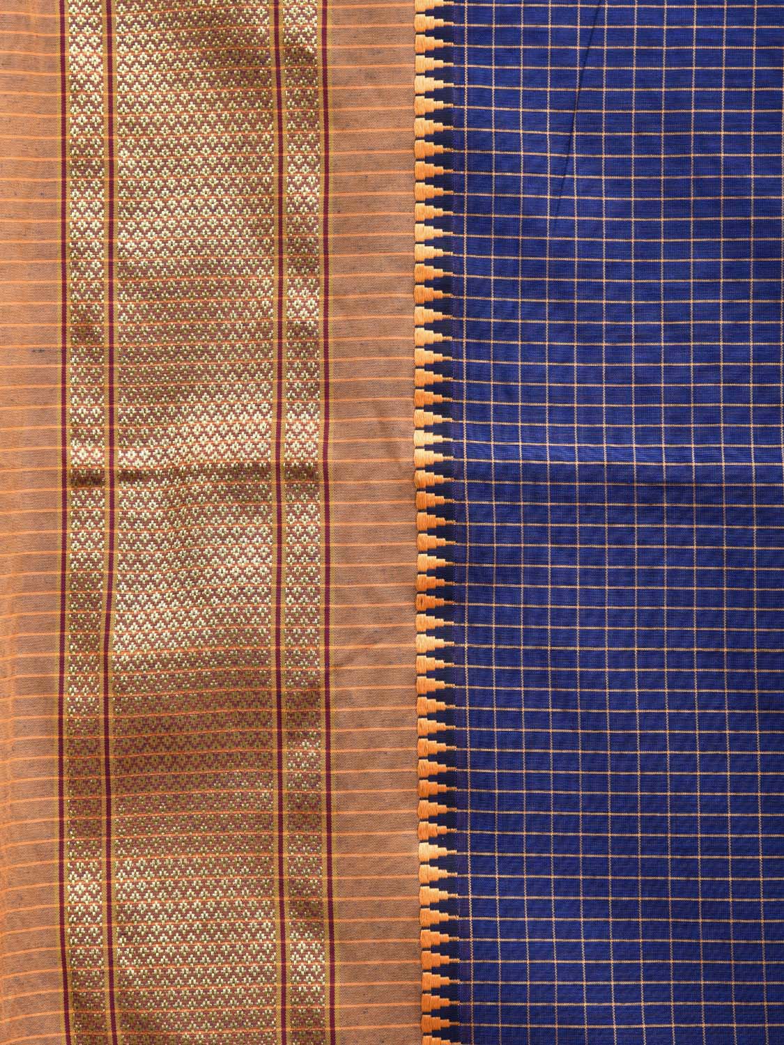 Dark Blue and Mustard Bamboo Cotton Saree with Checks Design No Blouse bc0399
