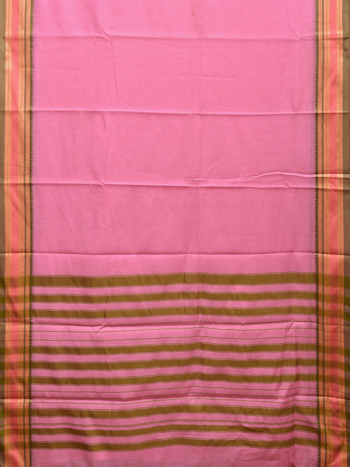 Baby Pink and Olive Bamboo Cotton Plain Saree with Strips Pallu Design No Blouse bc0407