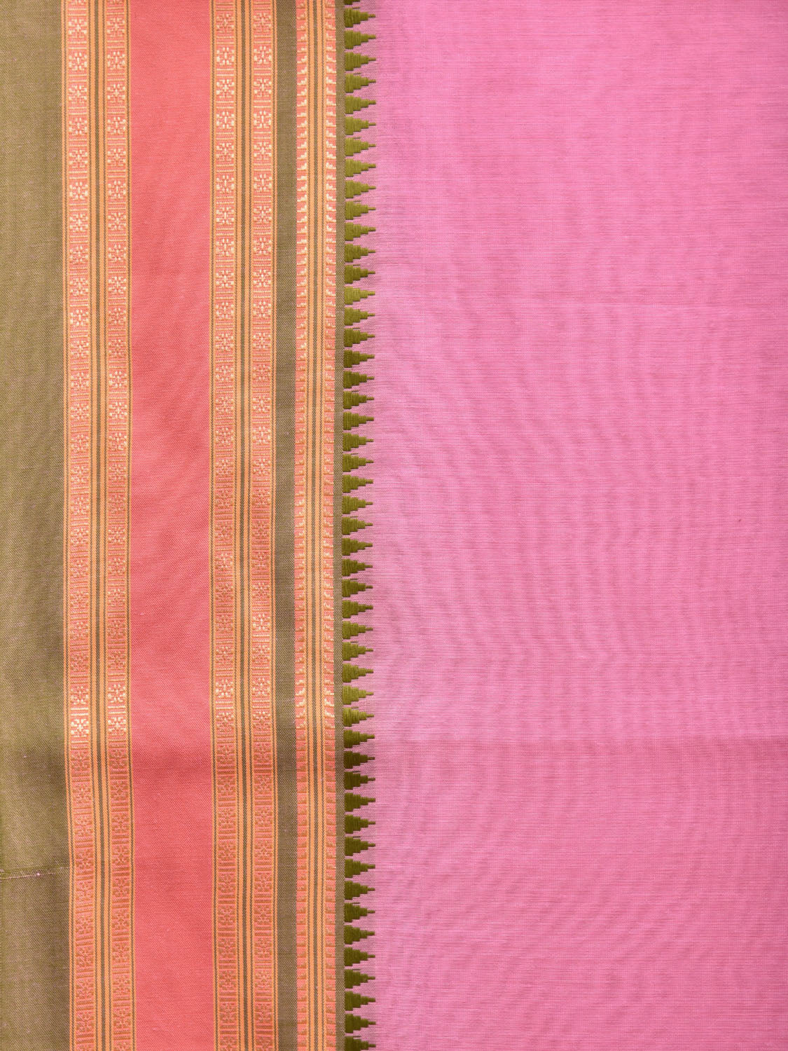 Baby Pink and Olive Bamboo Cotton Plain Saree with Strips Pallu Design No Blouse bc0407