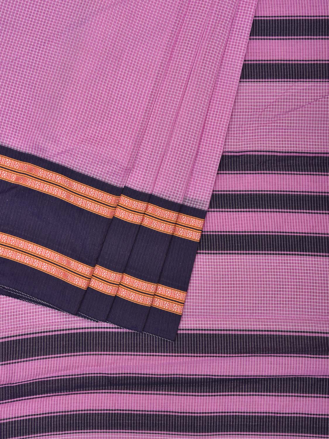 Baby Pink and Dark Blue Bamboo Cotton Saree with Small Checks Design No Blouse bc0419