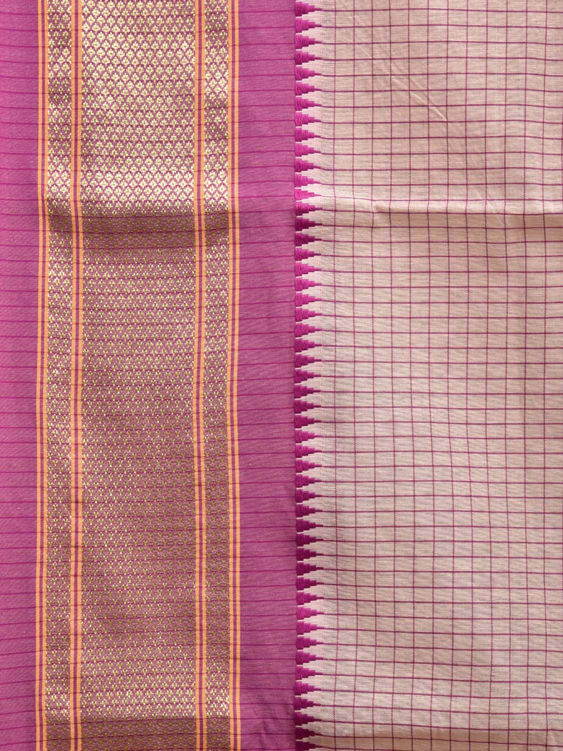 White and Purple Bamboo Cotton Saree with Checks Design No Blouse bc0429