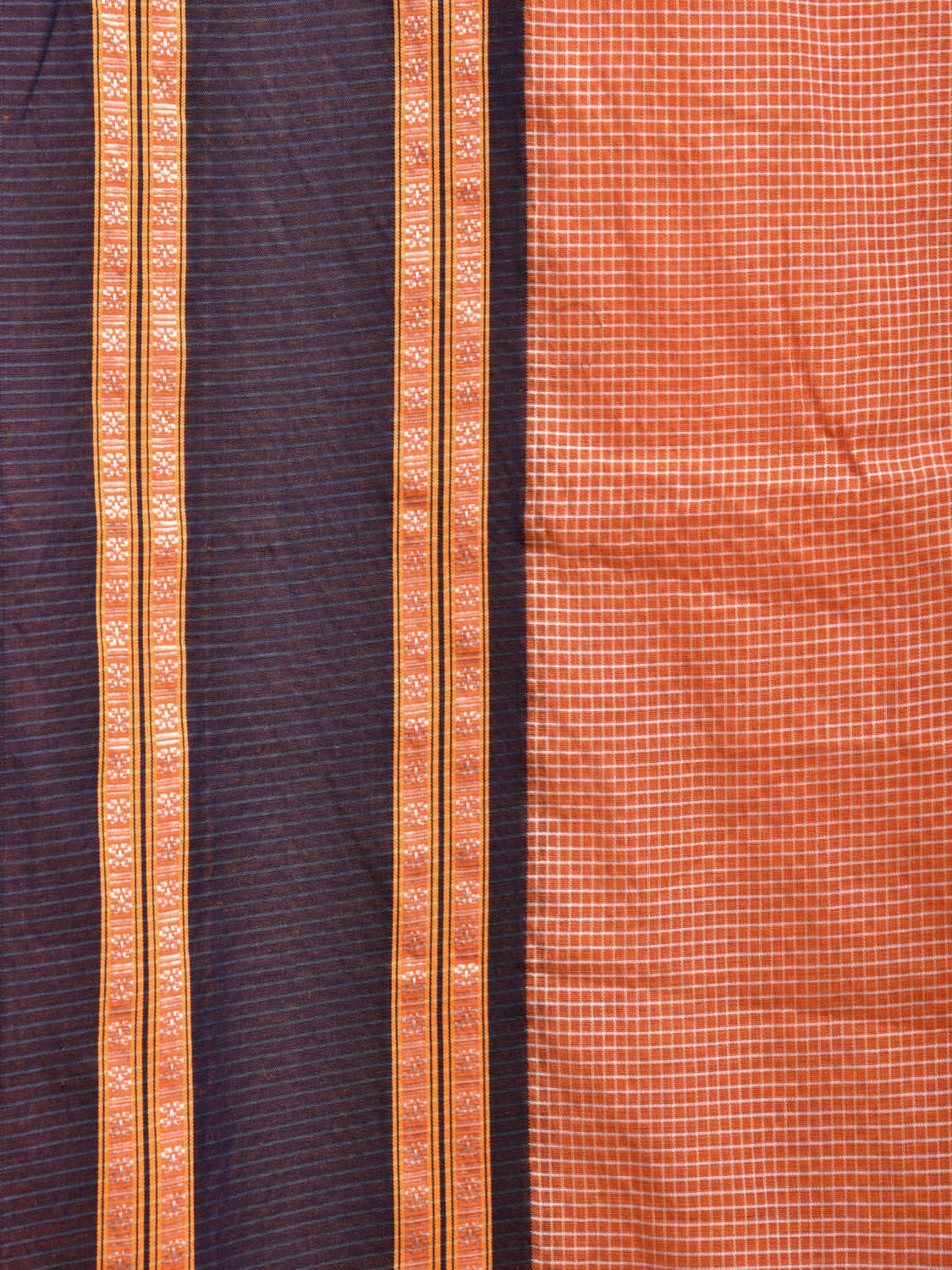 Orange and Dark Blue Bamboo Cotton Saree with Small Checks Design No Blouse bc0431