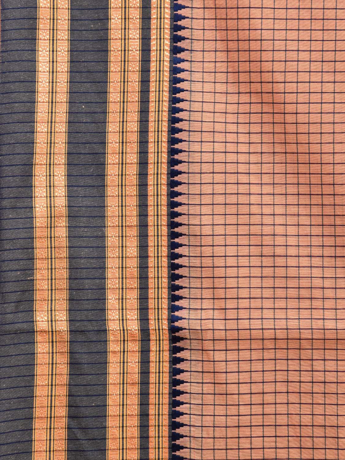 Light Orange and Dark Blue Bamboo Cotton Saree with Checks Design No Blouse bc0433