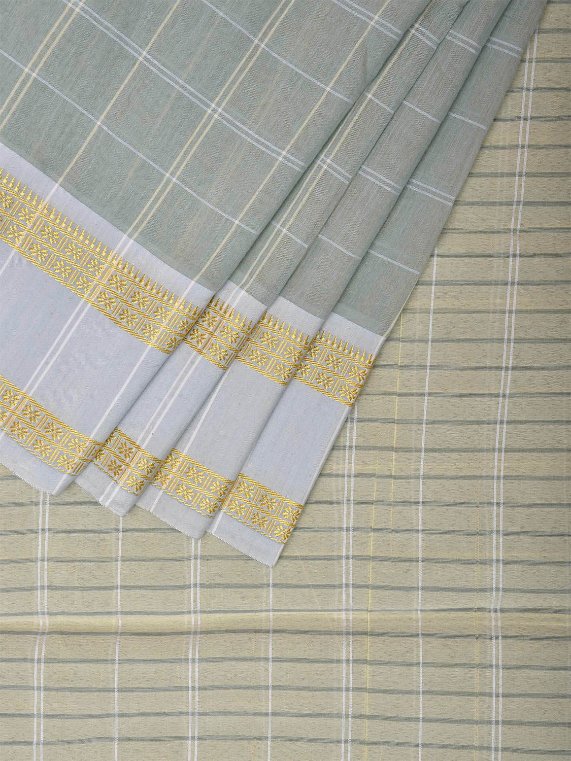 Sea Green Bamboo Cotton Saree with Big Checks Design No Blouse bc0443