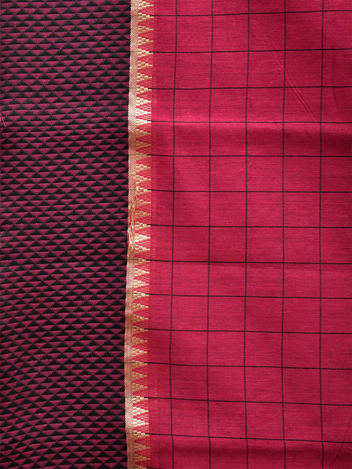 Magenta and Black Bamboo Cotton Saree with Big Checks Design No Blouse bc0449