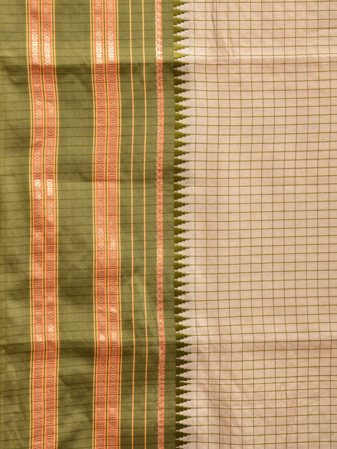 Cream and Green Bamboo Cotton Viscose Silk Saree with Checks Design No Blouse bc0465