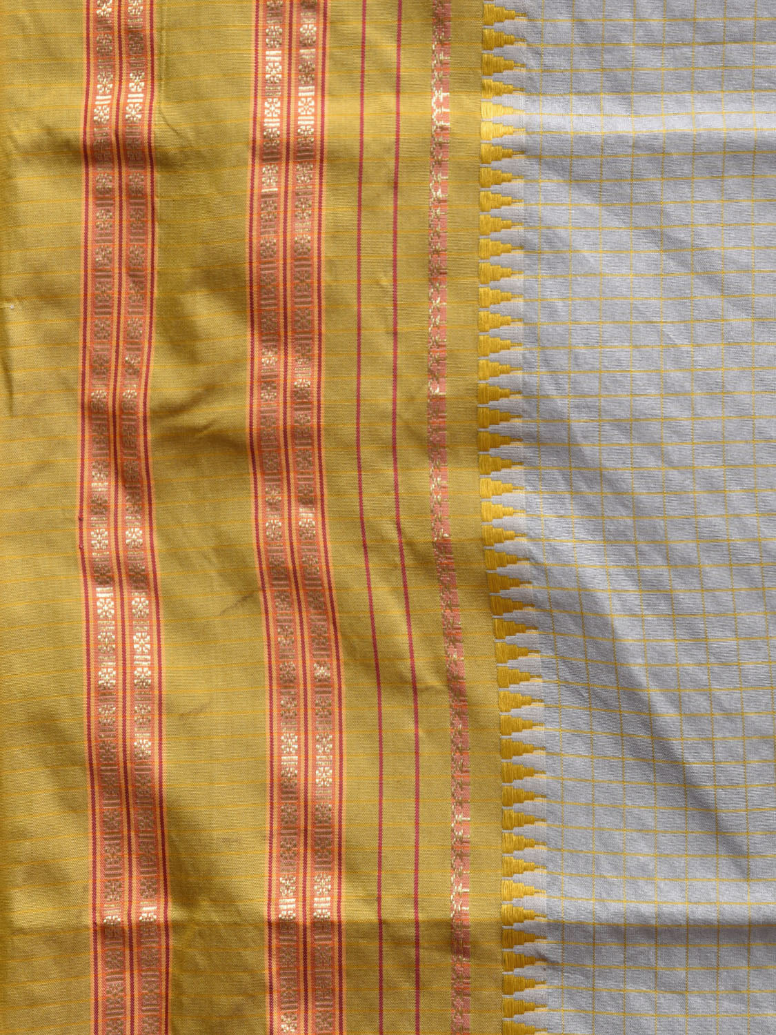 Light Grey and Green Bamboo Cotton Viscose Silk Saree with Checks Design No Blouse bc0466