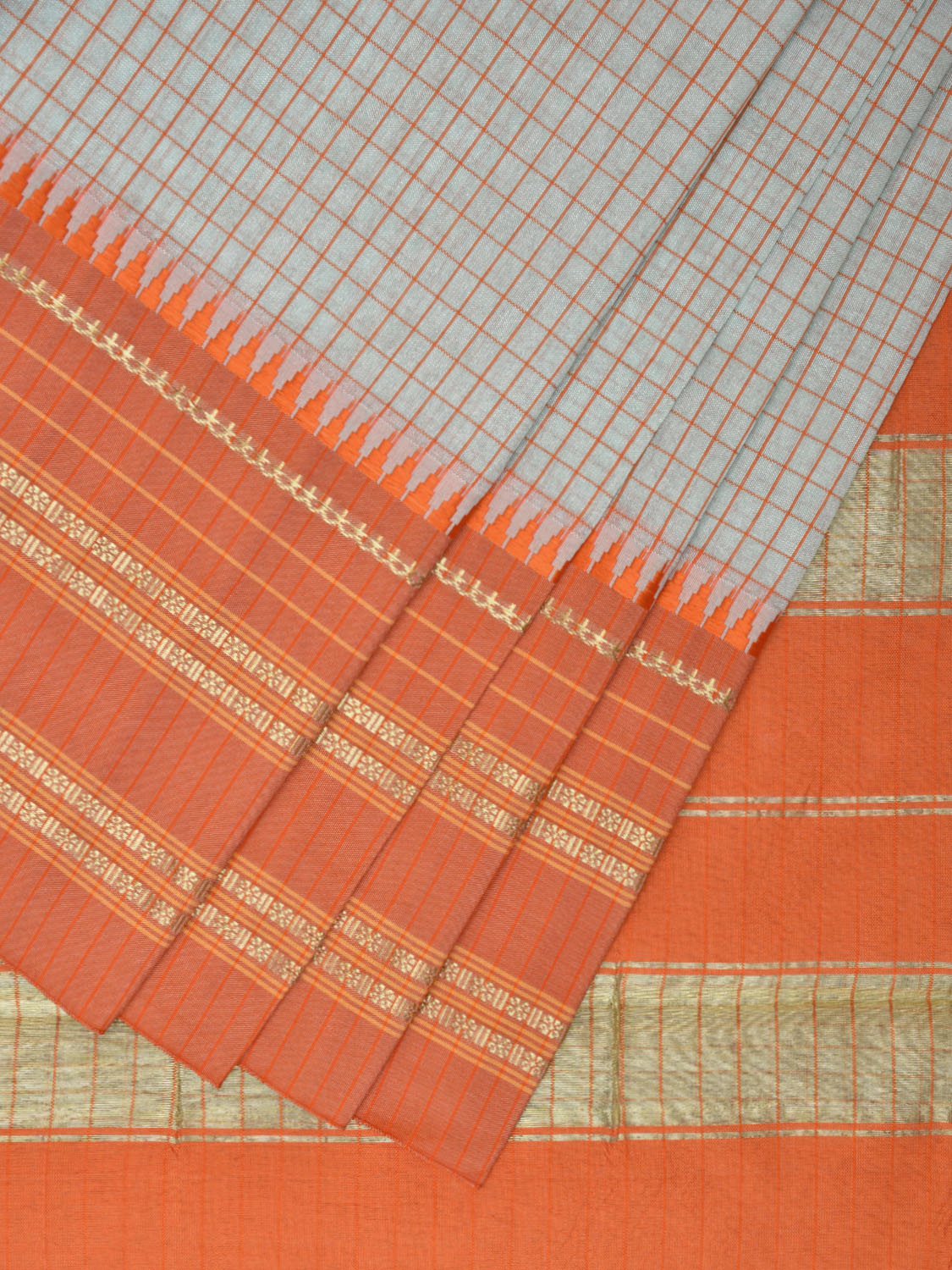 Sea Blue and Orange Bamboo Cotton Viscose Silk Saree with Checks Design No Blouse bc0469