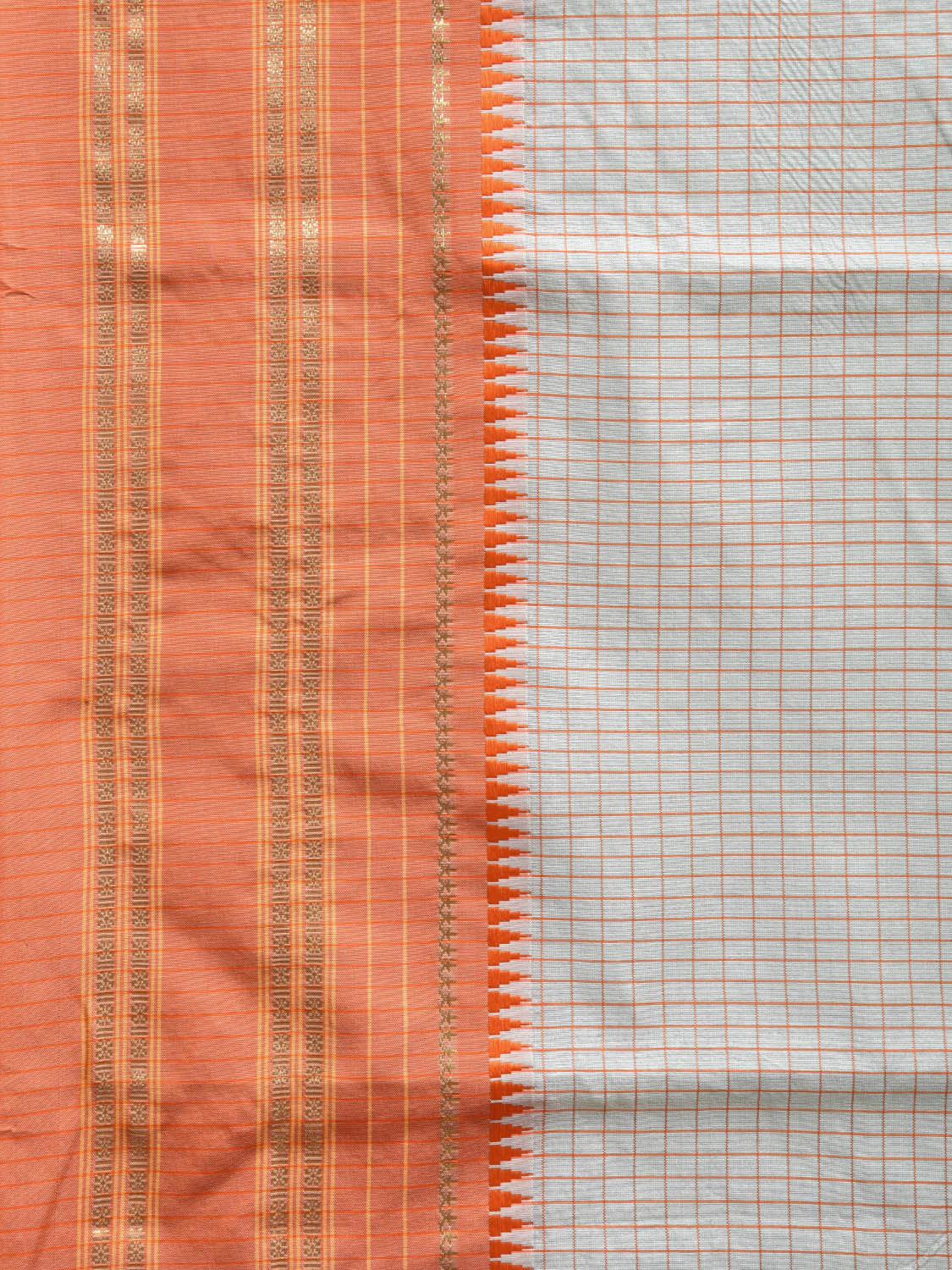 Sea Blue and Orange Bamboo Cotton Viscose Silk Saree with Checks Design No Blouse bc0469