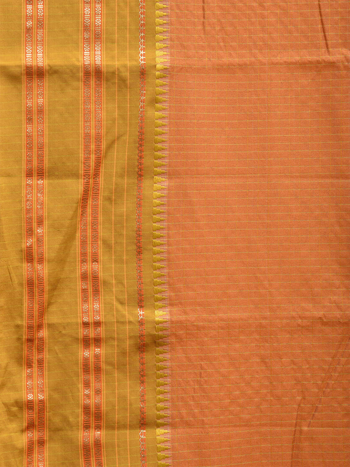 Fawn and Green Bamboo Cotton Viscose Silk Saree with Checks Design No Blouse bc0472