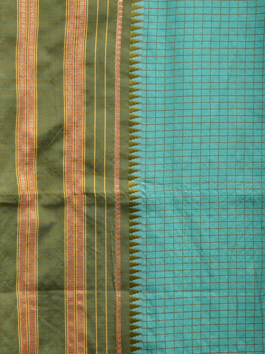 Light Blue and Green Bamboo Cotton Viscose Silk Saree with Checks Design No Blouse bc0473