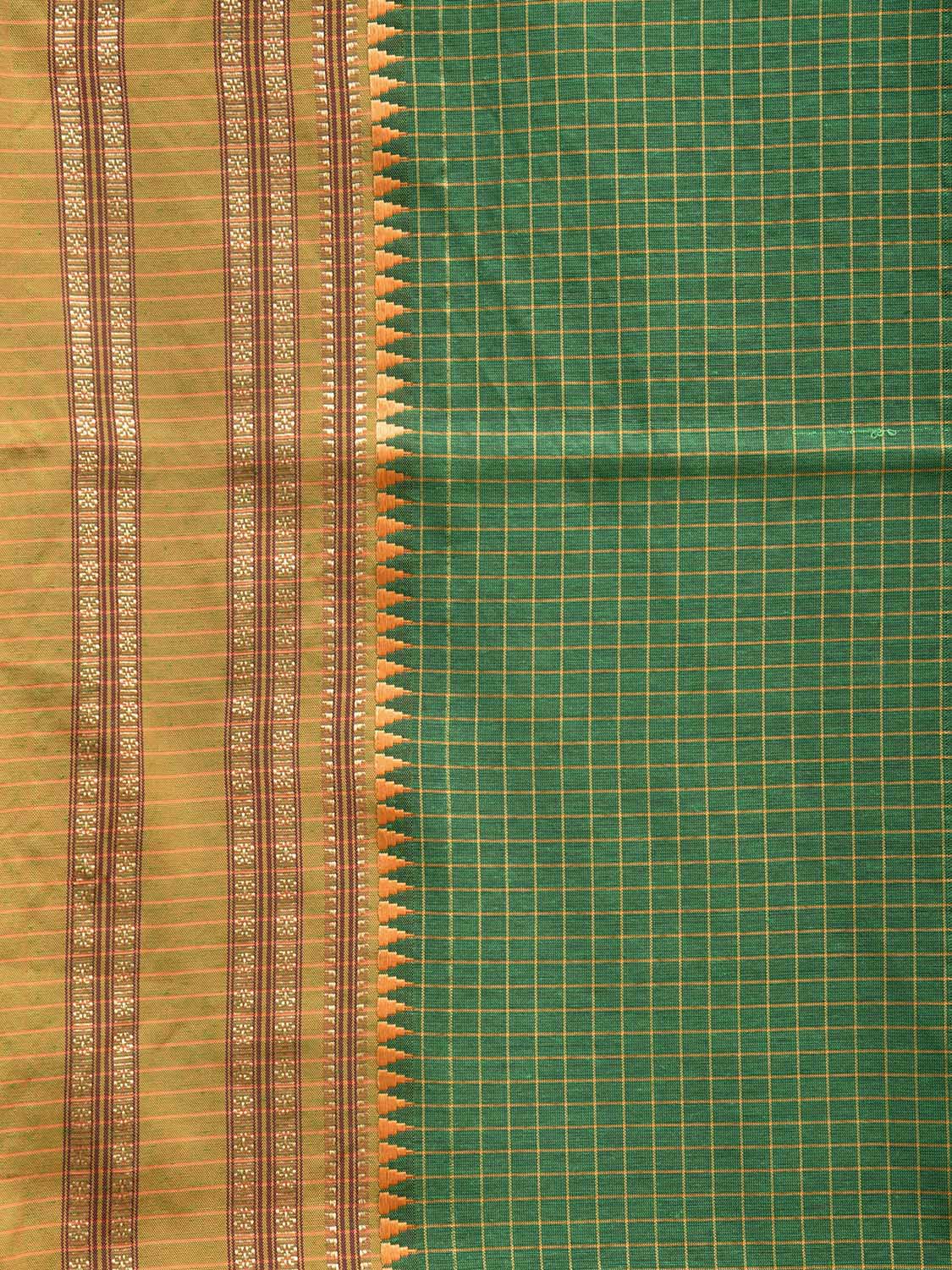 Green and Mustard Bamboo Cotton Saree with Checks Design No Blouse bc0476